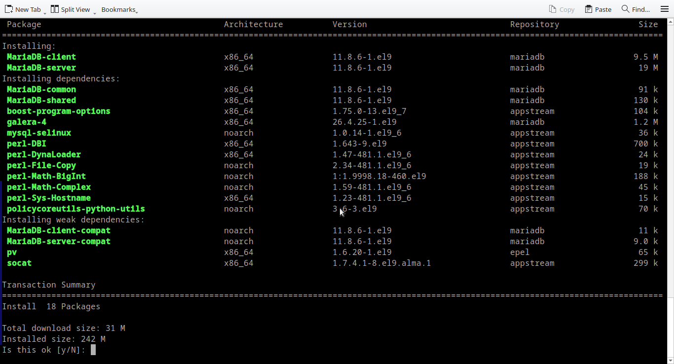 Terminal output showing the installation summary of MariaDB server, client, and dependencies on a Linux system.