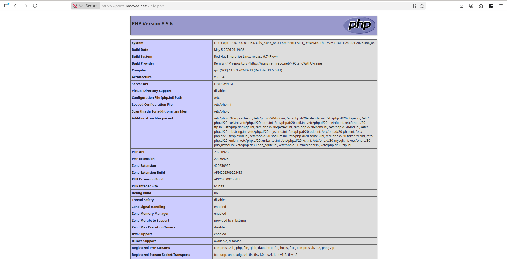 Web browser displaying PHP Version 8.5.6 information page on a Linux server using FPM/FastCGI API.