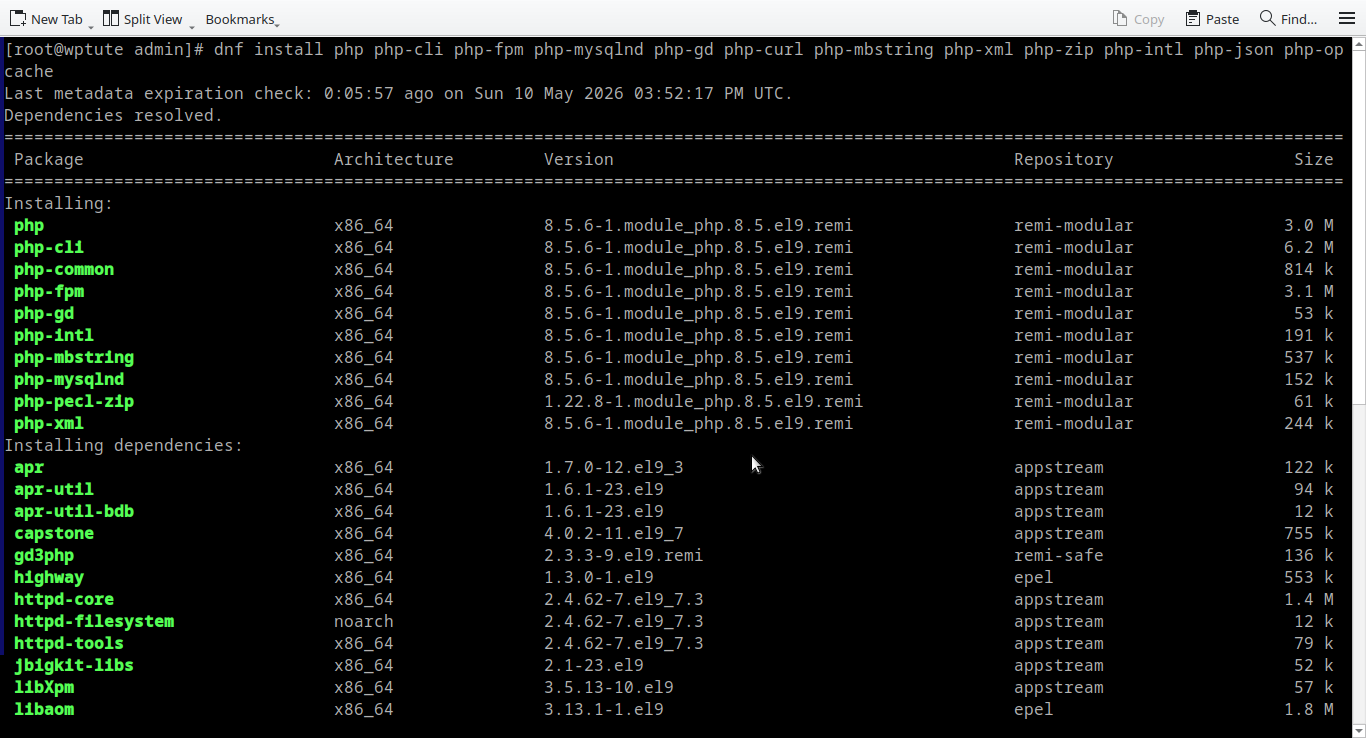 Terminal showing dnf command to install PHP 8.5 and common extensions like FPM, MySQL, and GD on a Linux server.