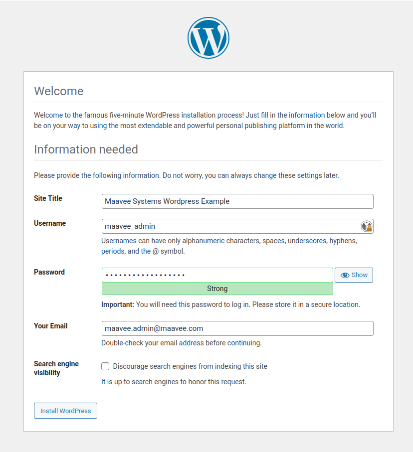 WordPress five-minute installation screen showing site title, admin username, and password setup fields.